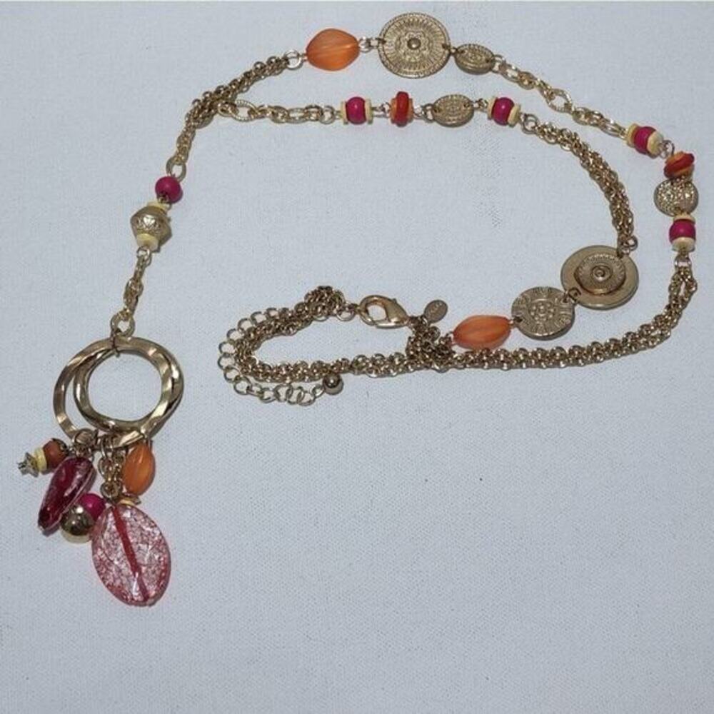 Chico's pink, cream‎ and gold tone beaded pendant necklace